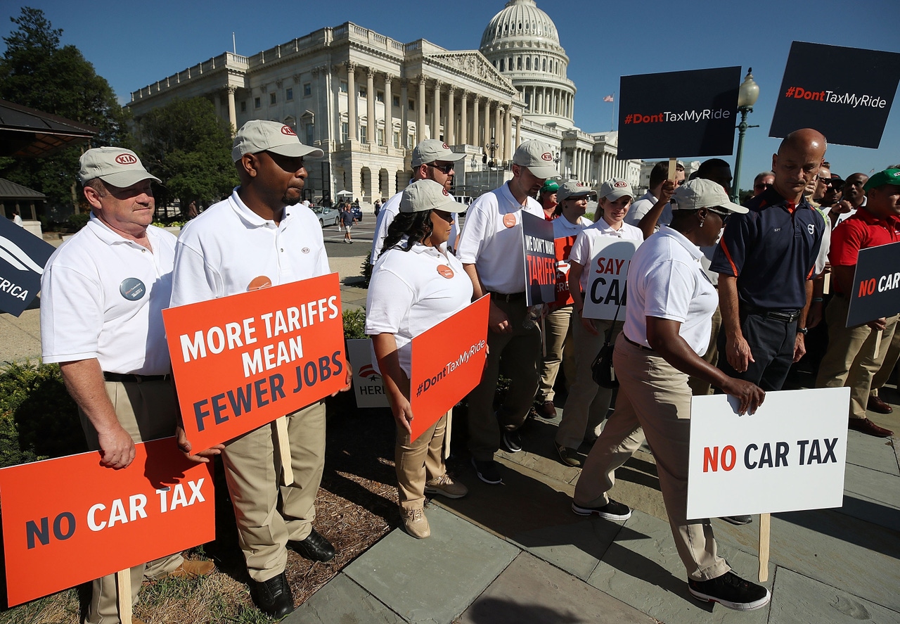 Auto workers protest Trump Admin.’s proposed auto-industry tariffs in July in Washington. Auto workers protest Trump Admin.’s proposed auto-industry tariffs in July in Washington.