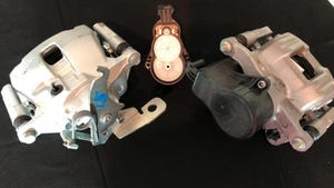 Smart parkingbrake system replaces mechanical linkage left with electronically actuated gearset center to engage brake right