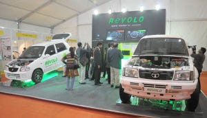 Car and truck outfitted with Revolo hybrid system on display at Auto Expo in New Delhi