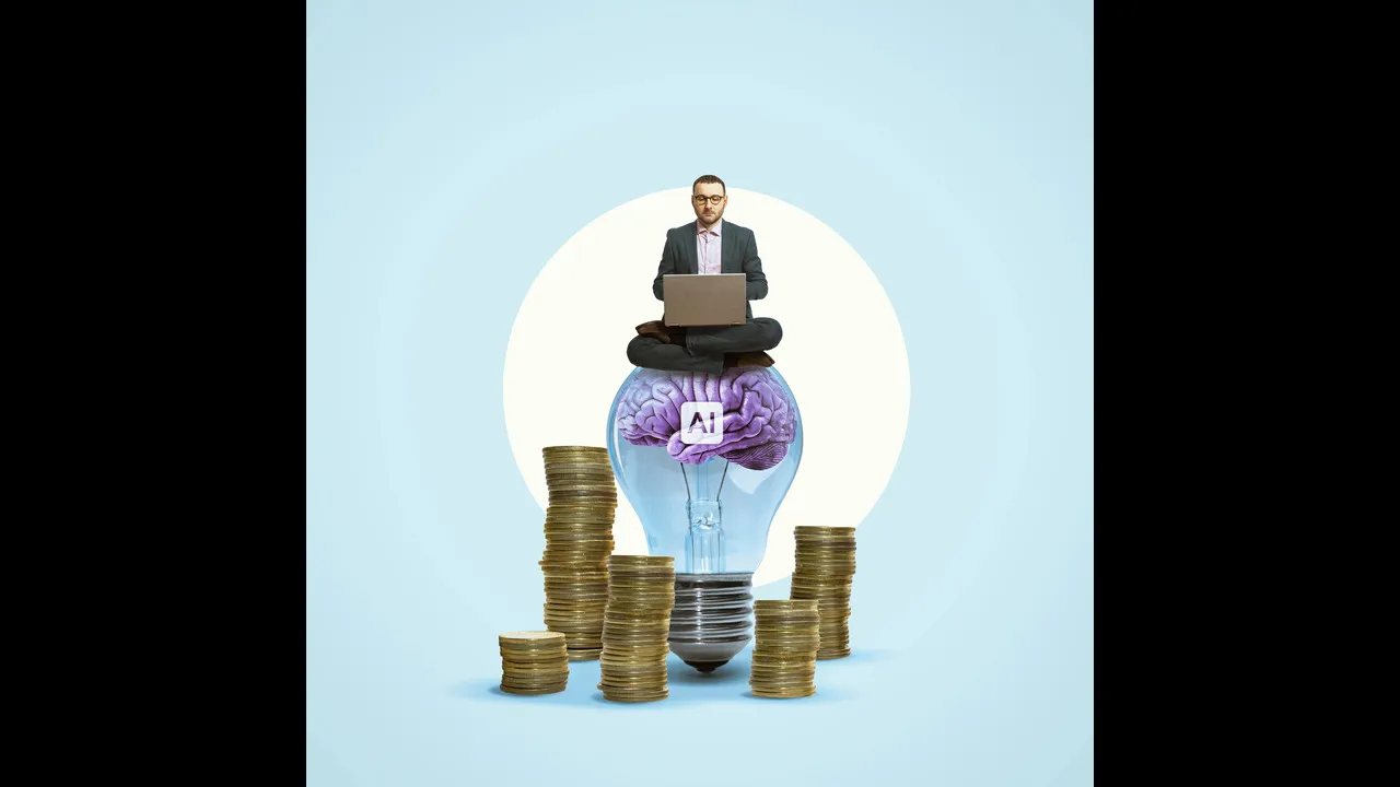 A businessman with a laptop sits on a light bulb with an artificial intelligence icon, surrounded by stacks of coins. A businessman with a laptop sits on a light bulb with an artificial intelligence icon, surrounded by stacks of coins.