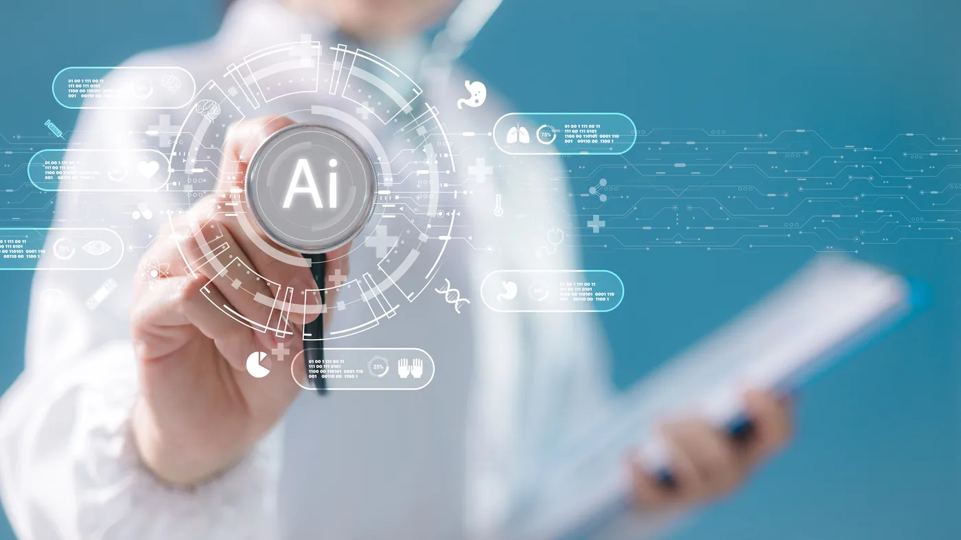 doctor pointing to AI symbol, AI concept doctor pointing to AI symbol, AI concept