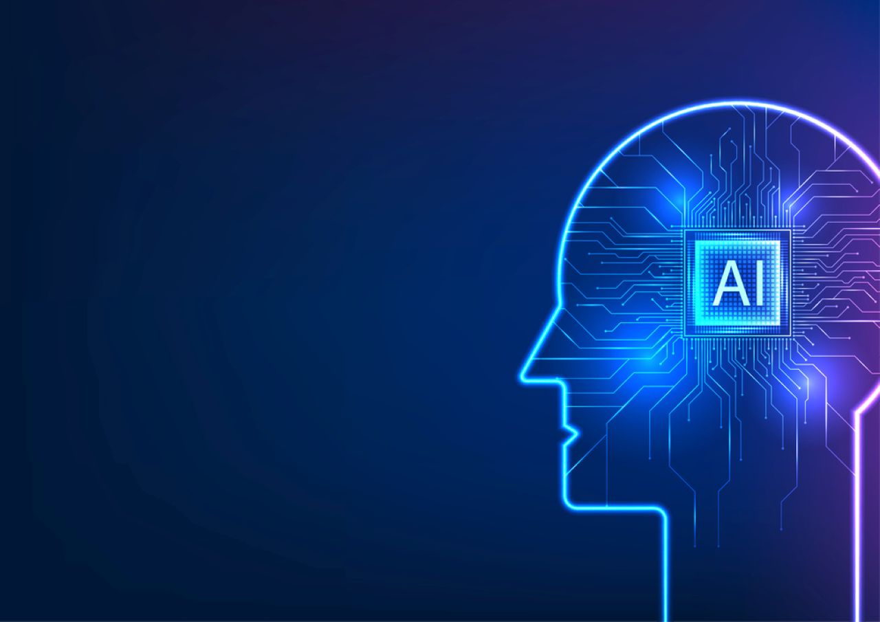 Robot synergy of AI technology, shape of head with word AI in middle