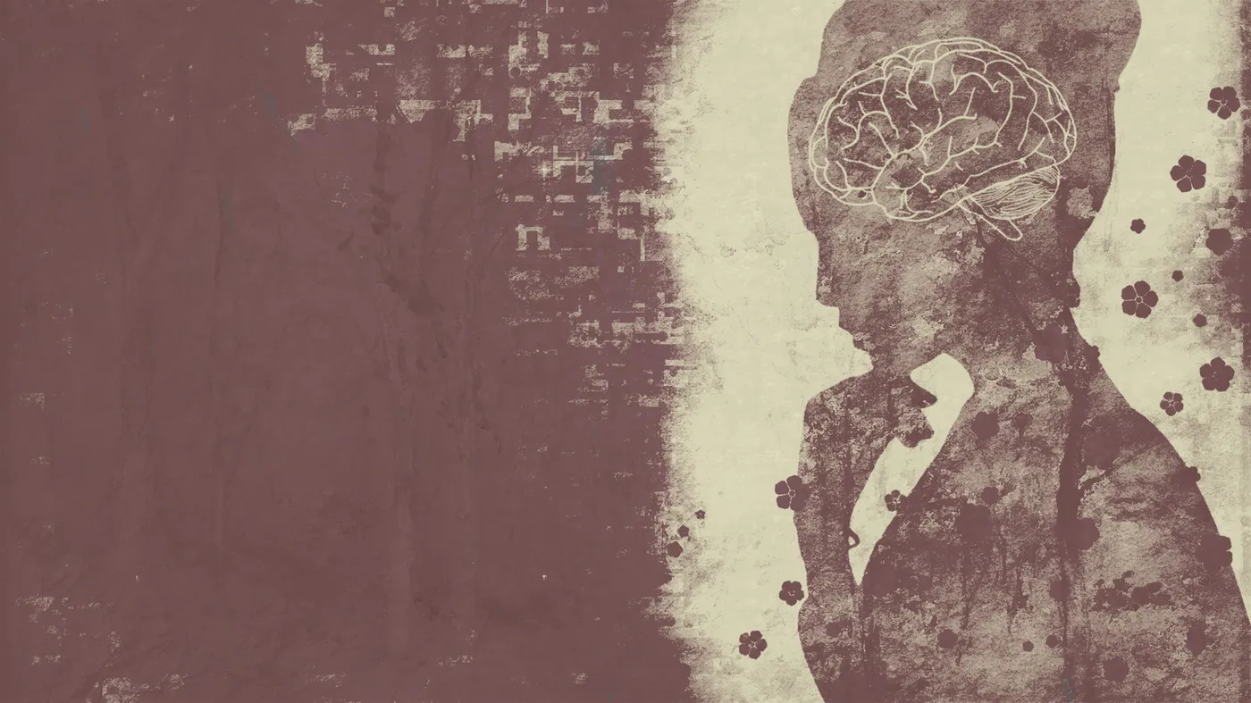 Brown silhouette of a person in profile with their hand to their chin and an outline of their brain outlined in white Brown silhouette of a person in profile with their hand to their chin and an outline of their brain outlined in white