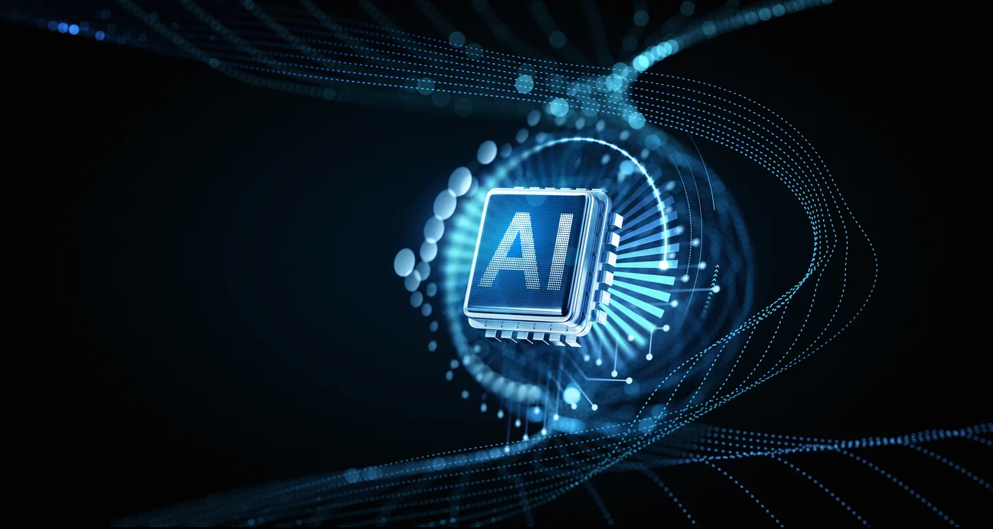 Digital 3D rendering of an AI chip surrounded by glowing blue data streams, displayed on a dark background Digital 3D rendering of an AI chip surrounded by glowing blue data streams, displayed on a dark background