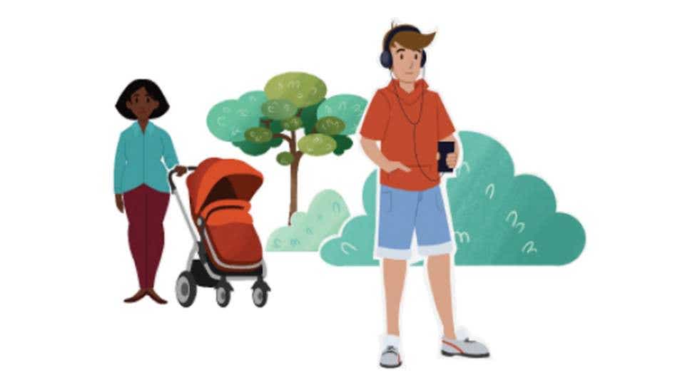 animation με ένα αγόρι με ακουστικά και μια κυρία με καρότσι στο πάρκο