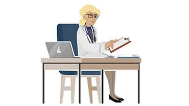 animation γιατρoύ να κάθεται στο γραφείο της κοιτάζοντας διάφορα έγγραφα