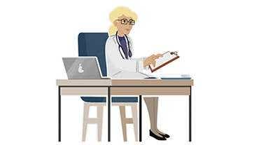 animation γιατρoύ να κάθεται στο γραφείο της κοιτάζοντας διάφορα έγγραφα