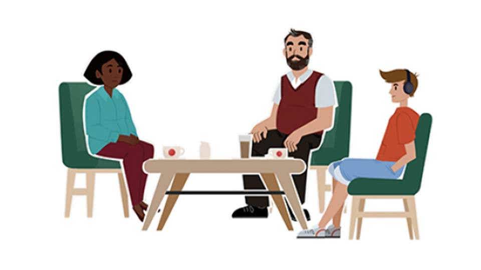 animation μιας οικογένεια να κάθεται σε μια καφετέρια και να μιλάει