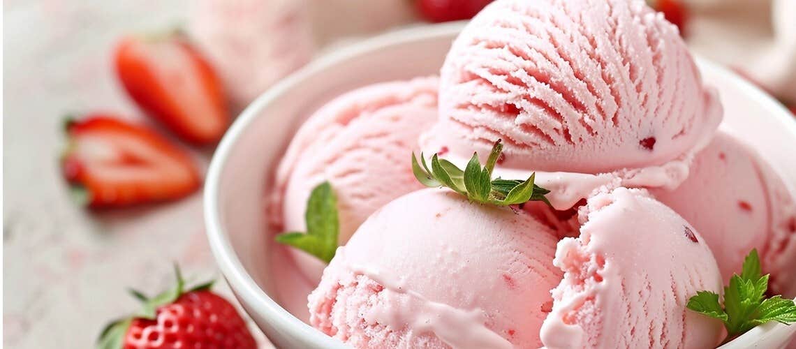 Three scoops of strawberry ice cream in a bowl Παγωτό Φράουλα με 3 Υλικά