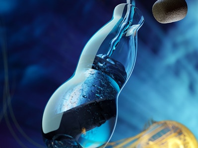 Abstract image of a floating glass bottle being filled up with liquid. 