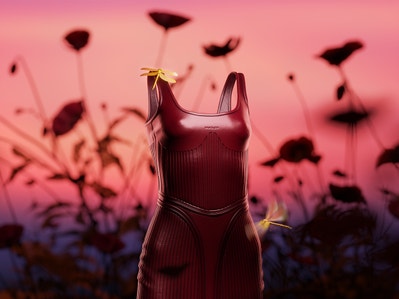 Abstract graphic of red dress with a butterfly resting on the dress strap. In the background, there are shadows of flowers. 