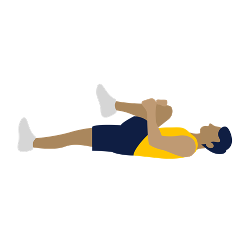 Person lying flat on their back, holding one knee to their chest