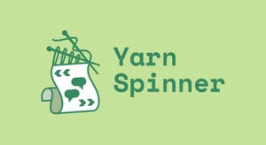 Yarn Spinner's text logo and a simple drawing of a knitting project on a green background
