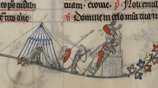 Marginalia showing three dogs emerging from a tent and firing arrows at rabbits in a medieval-style tower.