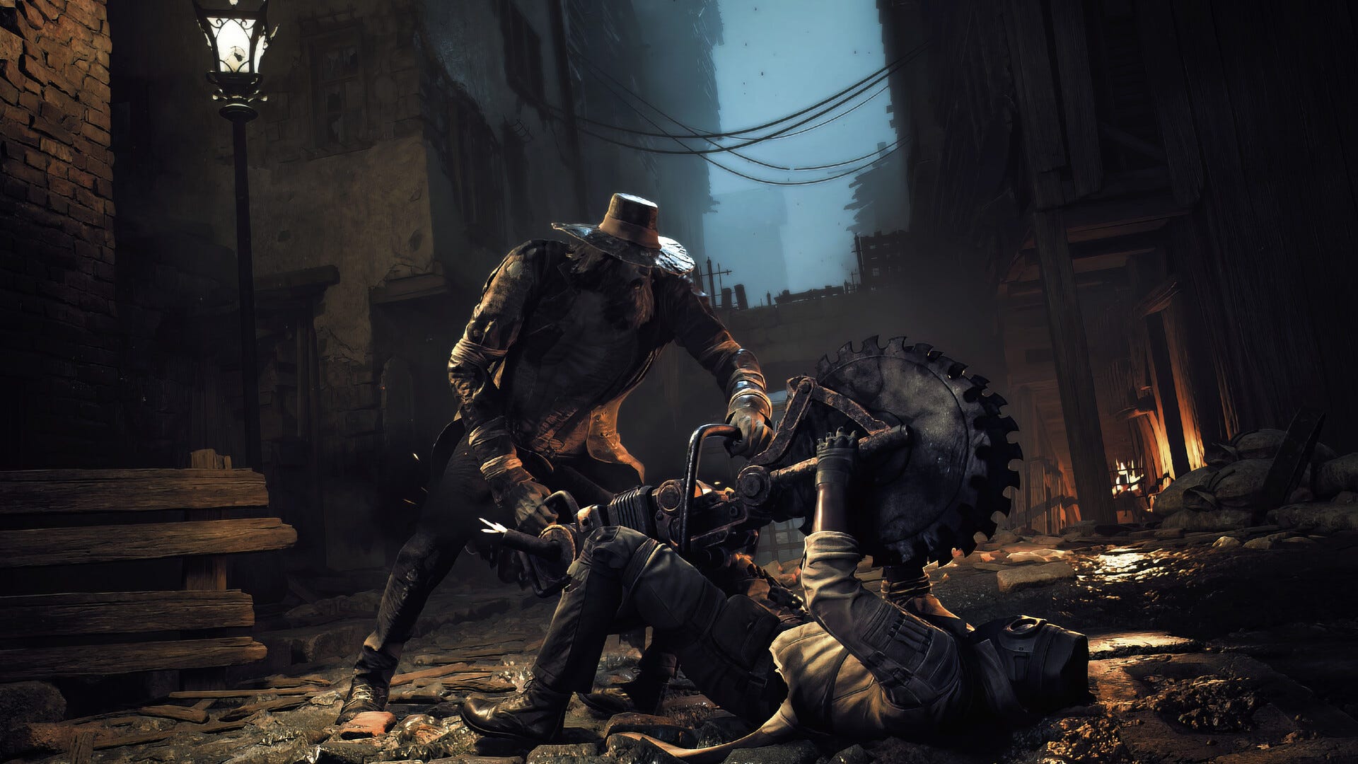 A screenshot from Remnant 2. A monster carrying a buzzsaw axe pins down a person in a gas mask.