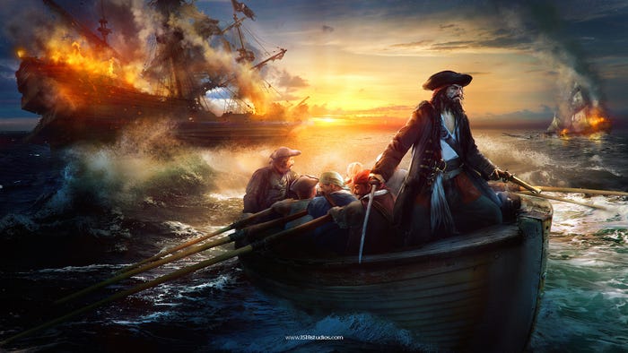 A pirate captain stands at the head of a rowboat as his crew rows away from a burning ship in the background.