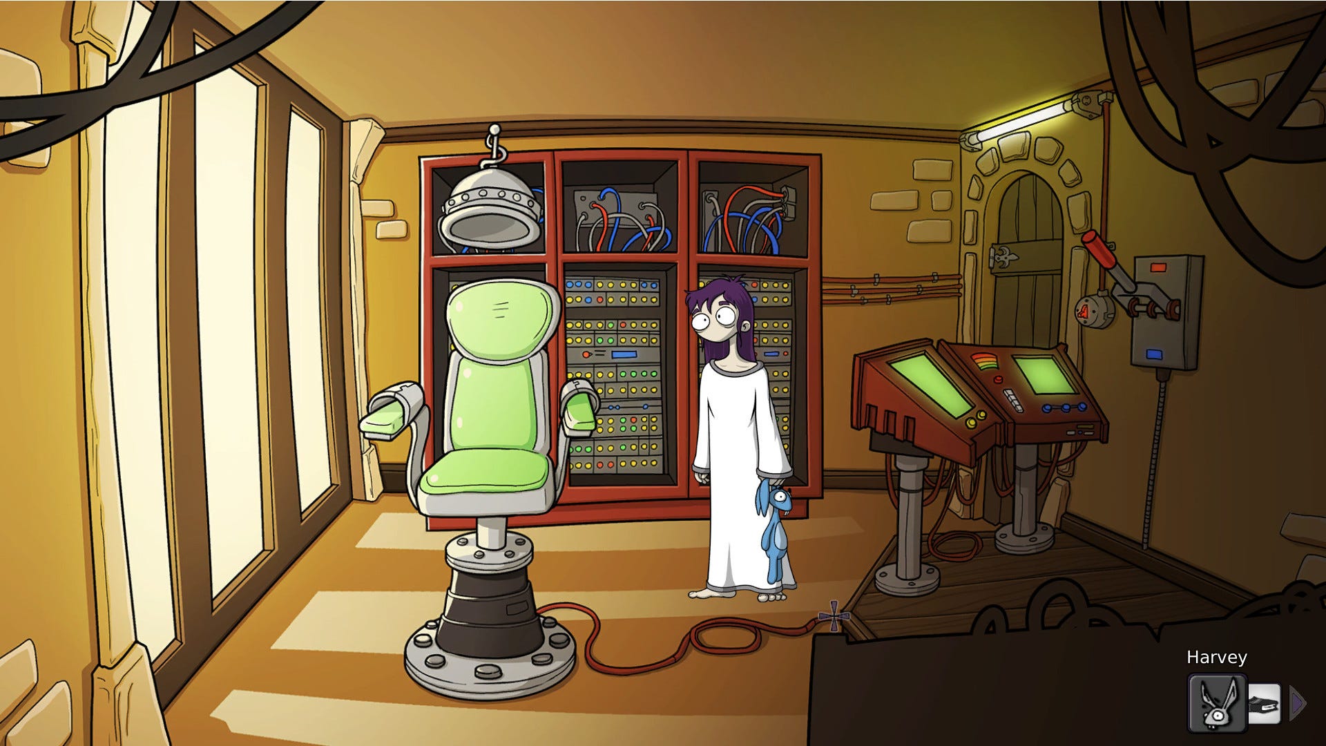 A screenshot from Edna & Harvey: The Breakout - Anniversary Edition. Edna stands in a lab with some kind of mind-reading chair.