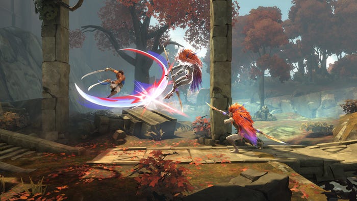 A screenshot from Prince of Persia: The Lost Crown. The player character fights against enemies in a forest area.