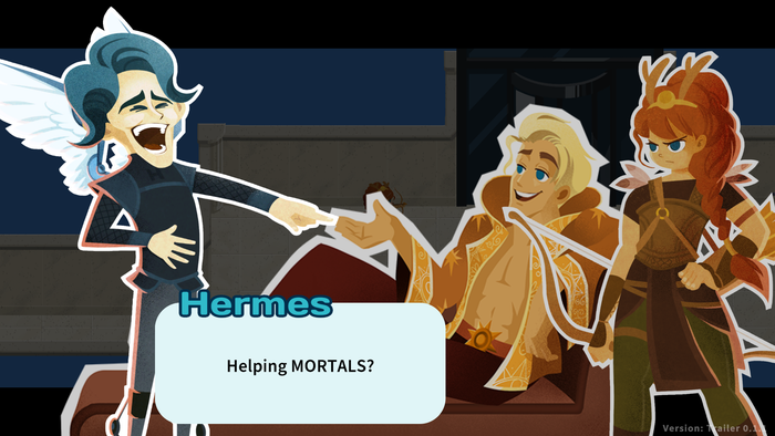 Hermes and another Greek God laugh at Artemis for helping mortals. Hermes and another Greek God laugh at Artemis for helping mortals.