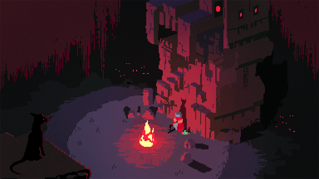 A lone wanderer sat next to a campfire in Hyper Light Drifter A lone wanderer sat next to a campfire in Hyper Light Drifter
