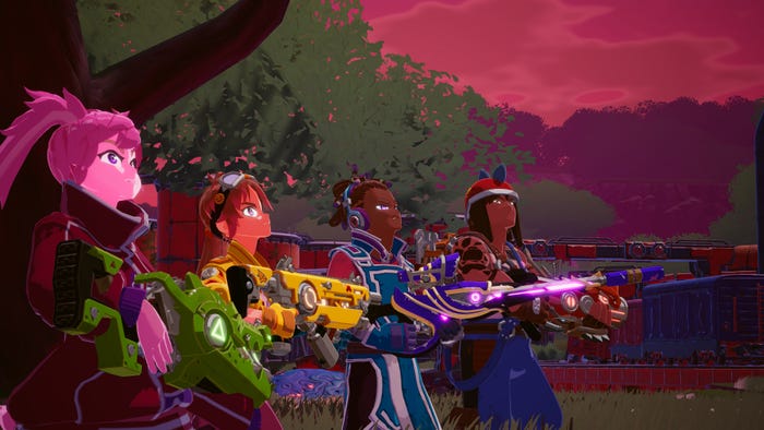 A diverse group of characters (one with pink skin) look to the skies in Atomic Picnic.