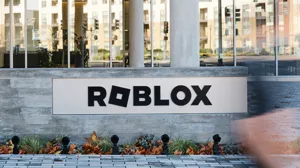 A photograph of Roblox signage outside the company office A photograph of Roblox signage outside the company office
