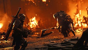 A screenshot from Remnant 2. A player character with a gun faces off against a monster with an axe.