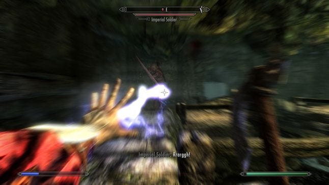 Skyrim; vision blurs as an Orc player casts a lightning spell towards an attacking imperial soldier
