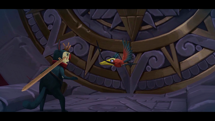 Dusty and her sidekick Piper stand in front of a large ornate door in this screenshot from Figment 2.