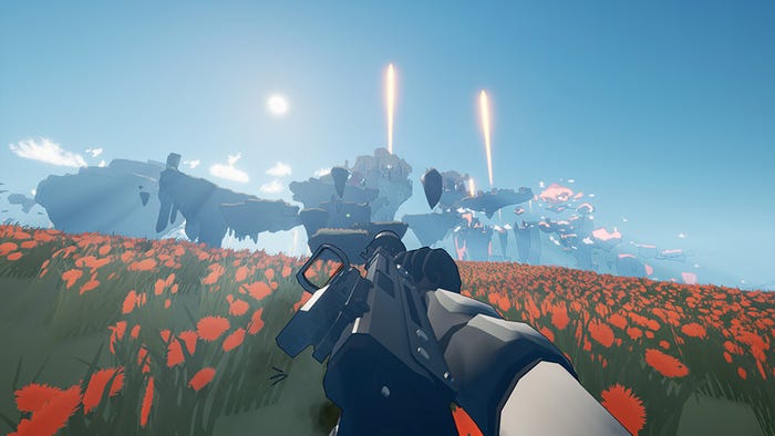 A screenshot from Echo Point Nova. The player character slides on a grassy field toward flying islands, holding an assault rifle A screenshot from Echo Point Nova. The player character slides on a grassy field toward flying islands, holding an assault rifle