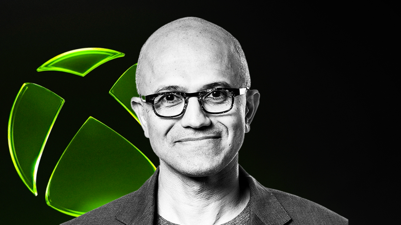 A headshot of Microsoft CEO Satya Nadella overlaid on the neon green Xbox logo