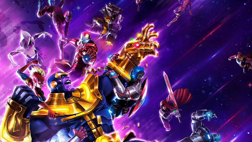Artwork from Marvel Contest of Champions showing Thanos flanked by a number of other Marvel characters