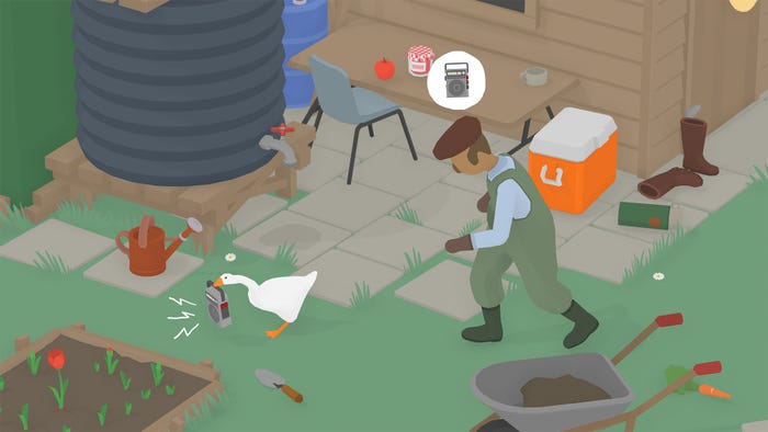 a goose grabbing a radio while a character in garden garb chases after