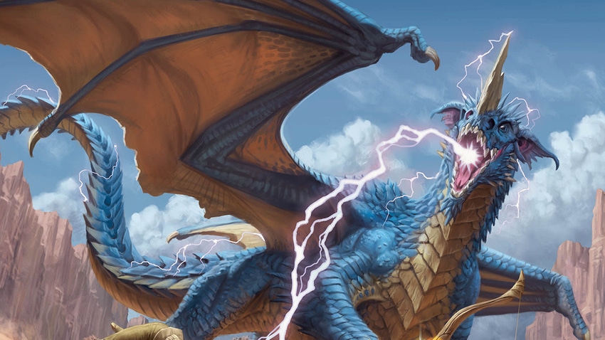 A massive blue dragon in the world of D&D