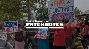 The Patch Notes logo overlaid on a photograph of protesting Xbox workers The Patch Notes logo overlaid on a photograph of protesting Xbox workers