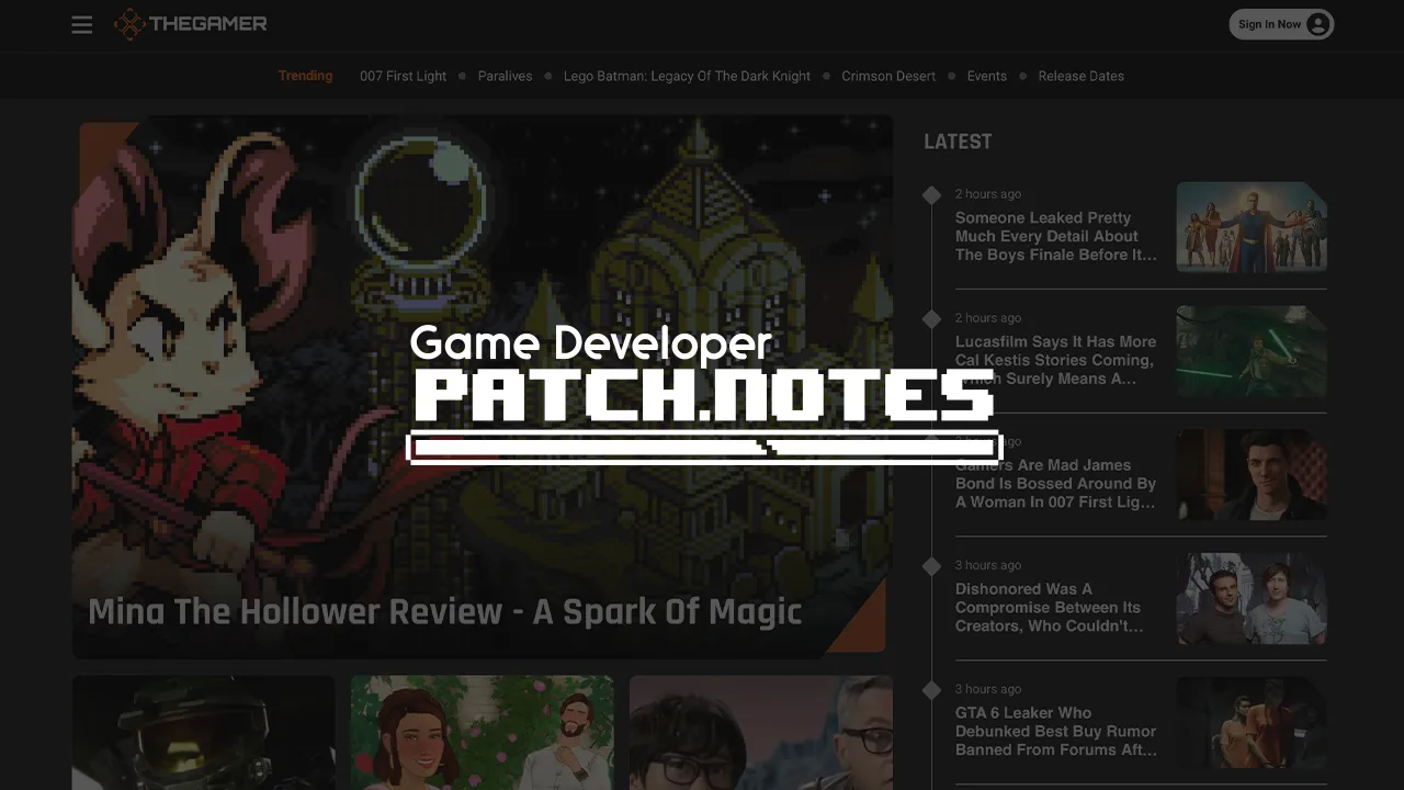 The Patch Notes logo overlaid on a screenshot the homepage of ThGamer The Patch Notes logo overlaid on a screenshot the homepage of ThGamer