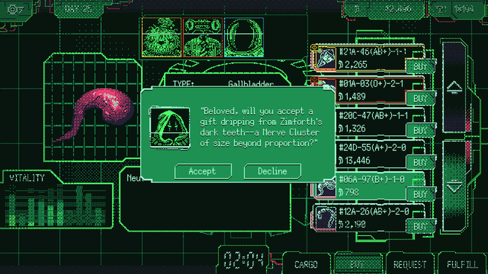 A SWOTS screenshot showing a character offering the player a gift of a rare organ. Options read Accept or Decline.