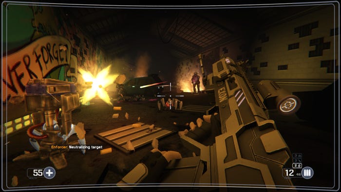 A screenshot from Selaco. The player reloads as enemies charge down at them in a garage. A screenshot from Selaco. The player reloads as enemies charge down at them in a garage.