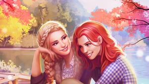 Two young women at the park in key art for Pixelberry's Choices!. Two young women at the park in key art for Pixelberry's Choices!.