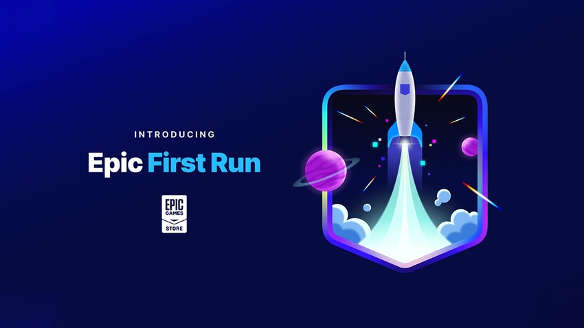 Key artwork for Epic First Run showing a rocket blasting off