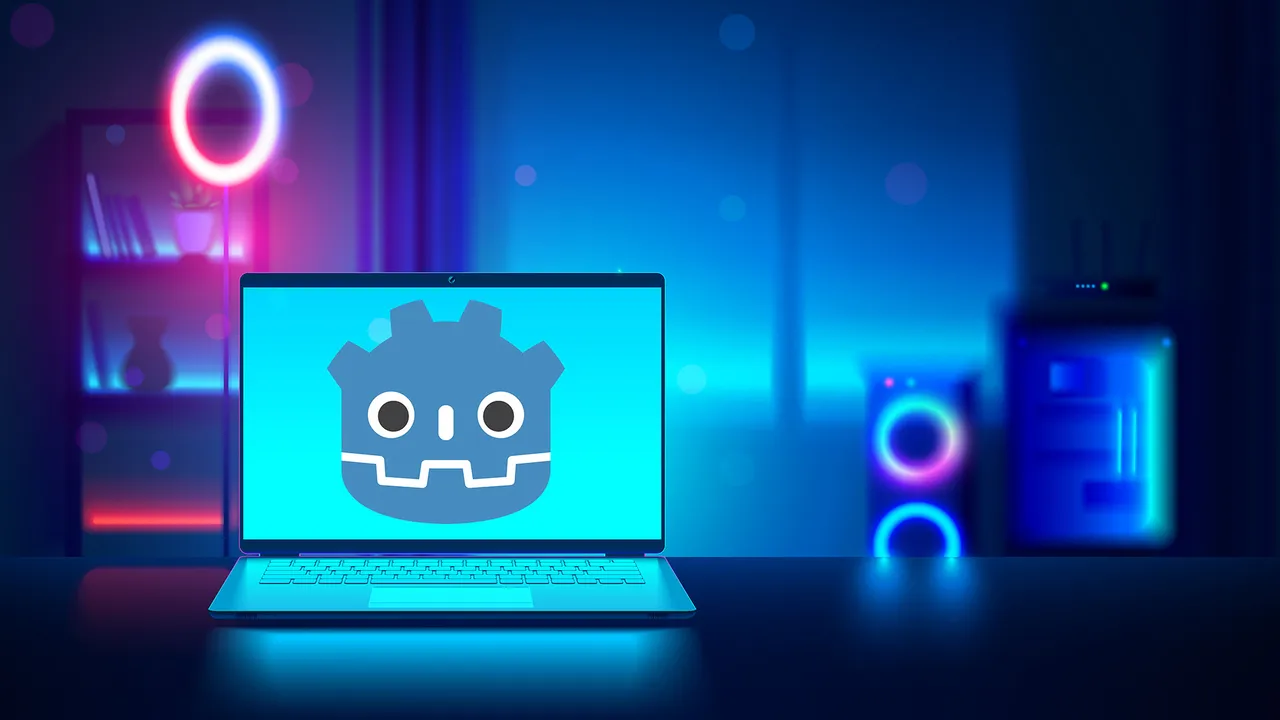 A laptop in a neon room with the godot logo on it. A laptop in a neon room with the godot logo on it.