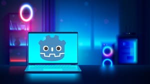 A laptop in a neon room with the godot logo on it. A laptop in a neon room with the godot logo on it.