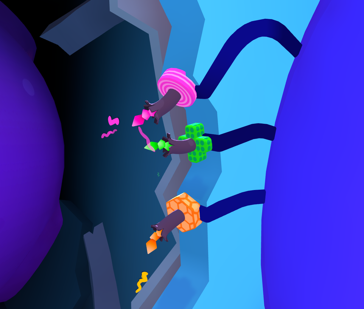 Part of a puzzle where three wires are sticking out of a broken wall. Each wire has a base with a unique color, pattern, and shape. One is pink with a ring pattern on a round base. Another is green with dots on a cross-shaped base. The third is orange with a hexagon pattern on a hexagon-shaped base.