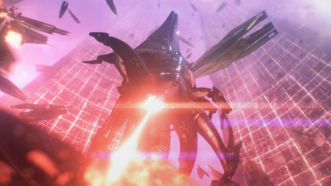 A Reaper opens fire on the Citadel. A Reaper opens fire on the Citadel.