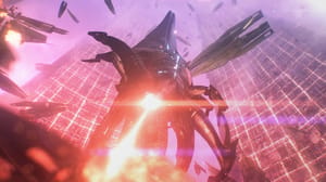 A Reaper opens fire on the Citadel. A Reaper opens fire on the Citadel.