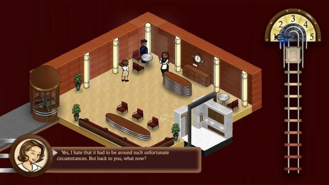View of lobby with characters. Dialogue box of reporter talking to elevator. Elevator themed UI