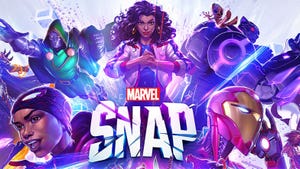 Key art for Marvel Snap. Various superheroes burst out in a sea of purple and blue color.