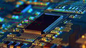 A photo of a computer memory chip. A photo of a computer memory chip.