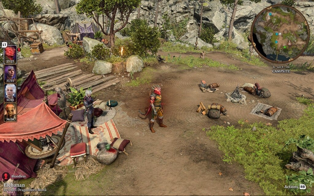 A screenshot from Baldur's Gate 3. A Dragonborn stands in a campsite during daylight.