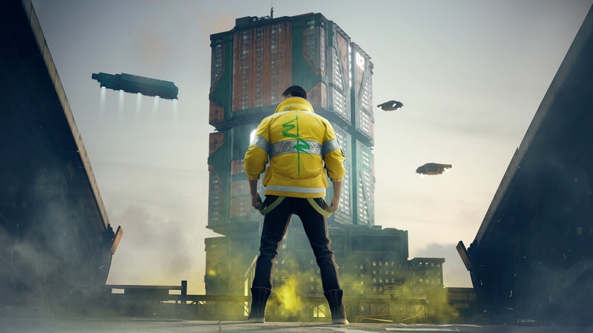 Cyberpunk 2077 protagonist V stands in front of a skyscraper.